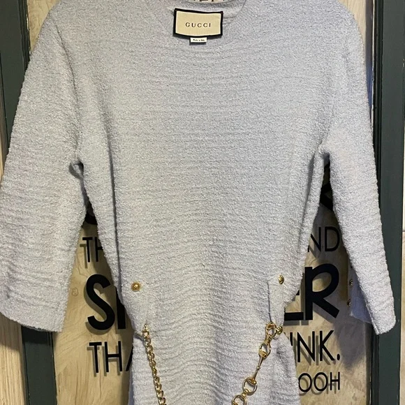 Gucci | Sweaters | Gucci Light Blue And Gold Crew Neck Sweater Dress New  Small | Poshmark